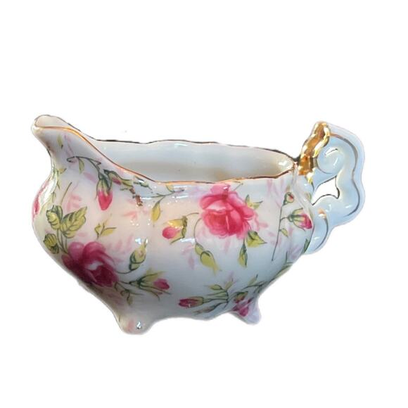 Vtg Lefton China Miniature Creamer & Covered Sugar Pink Rose Chintz NE794R Japan - Picture 3 of 10